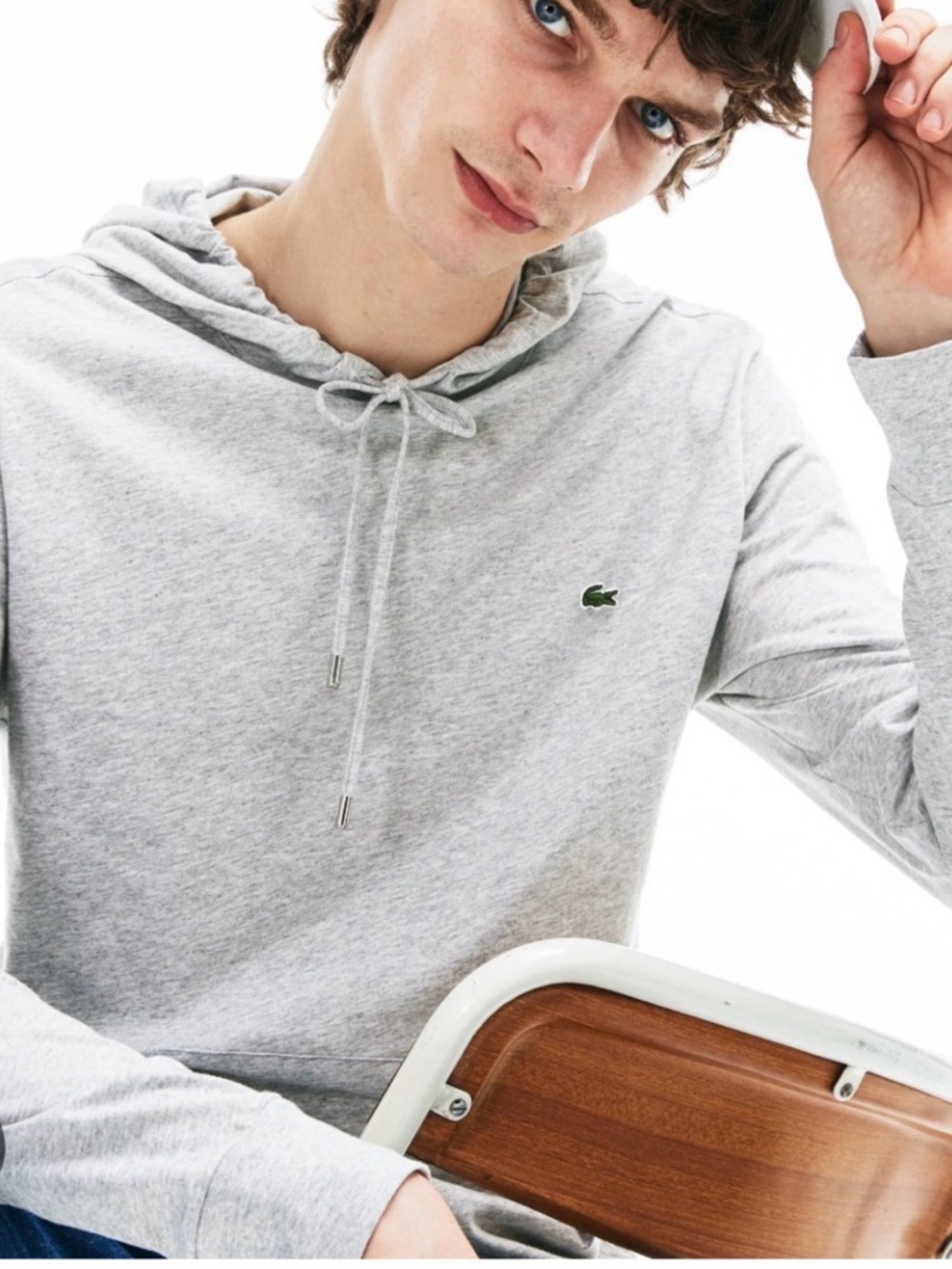 Lacoste Men’s Heather Gray Hooded Long-Sleeve Shirt with Green Croc Logo